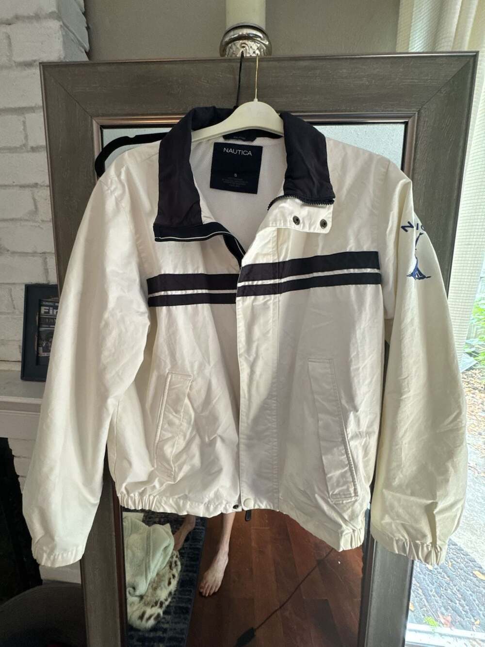 Nautica Men's White Sailing Windbreaker Jacket with Black Stripes